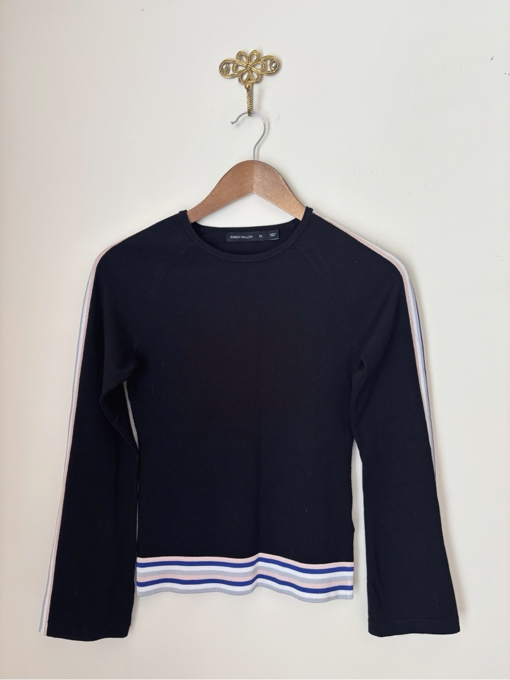 Karen Millen Black Striped Split Sleeve Pullover Knit Top XS Quiet Luxury
